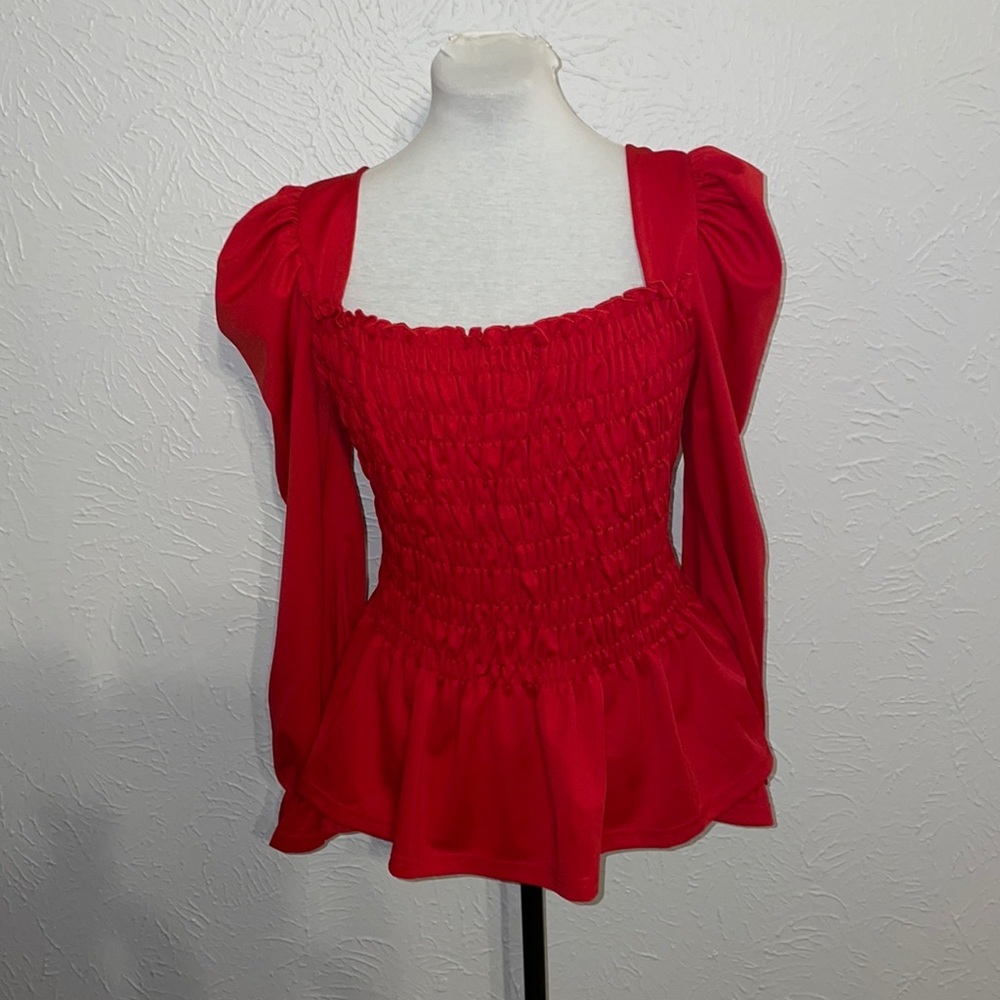 Liumilac Square Neck Smocked Top Red 2XL